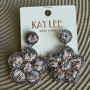 NWT Kay Lee NY Beaded Flower Drop Earrings - Silver, Gray & Rose Gold